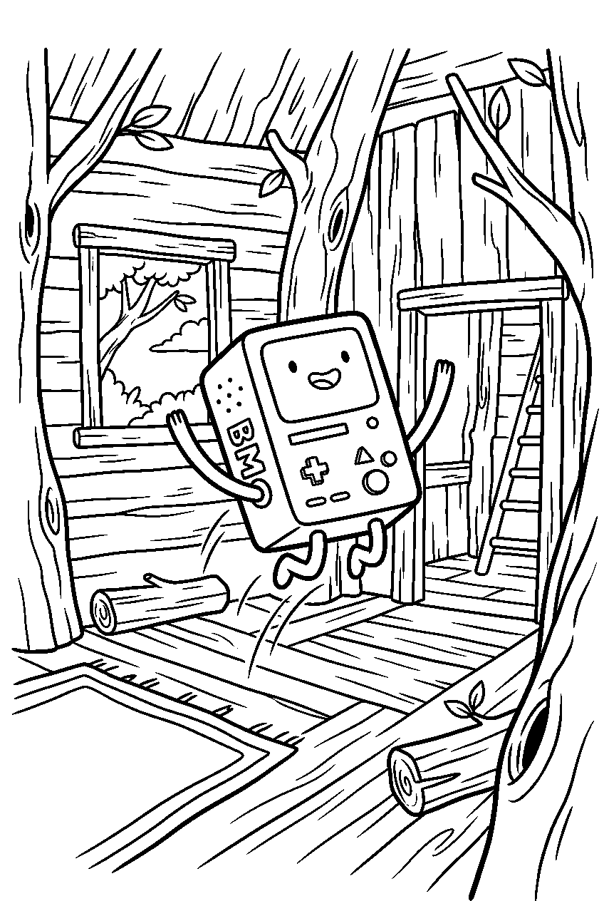 adventure time bmo jumping in tree house line art