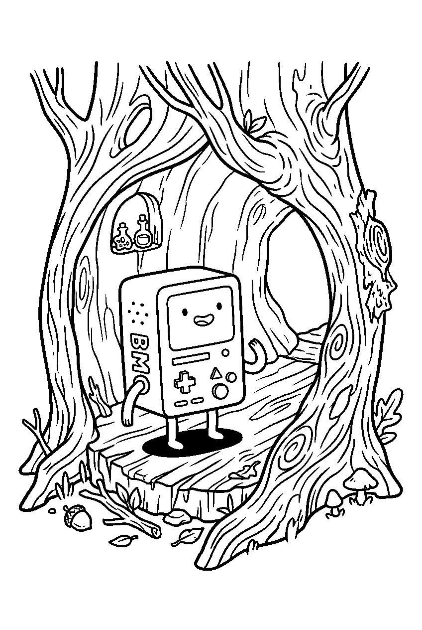 adventure time bmo looking around inside tree hollow line art