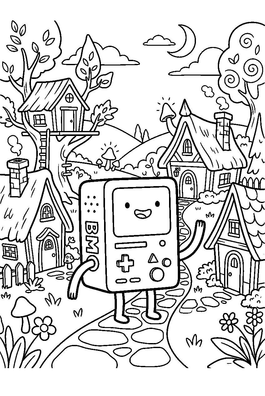 adventure time bmo posing in magical village line art