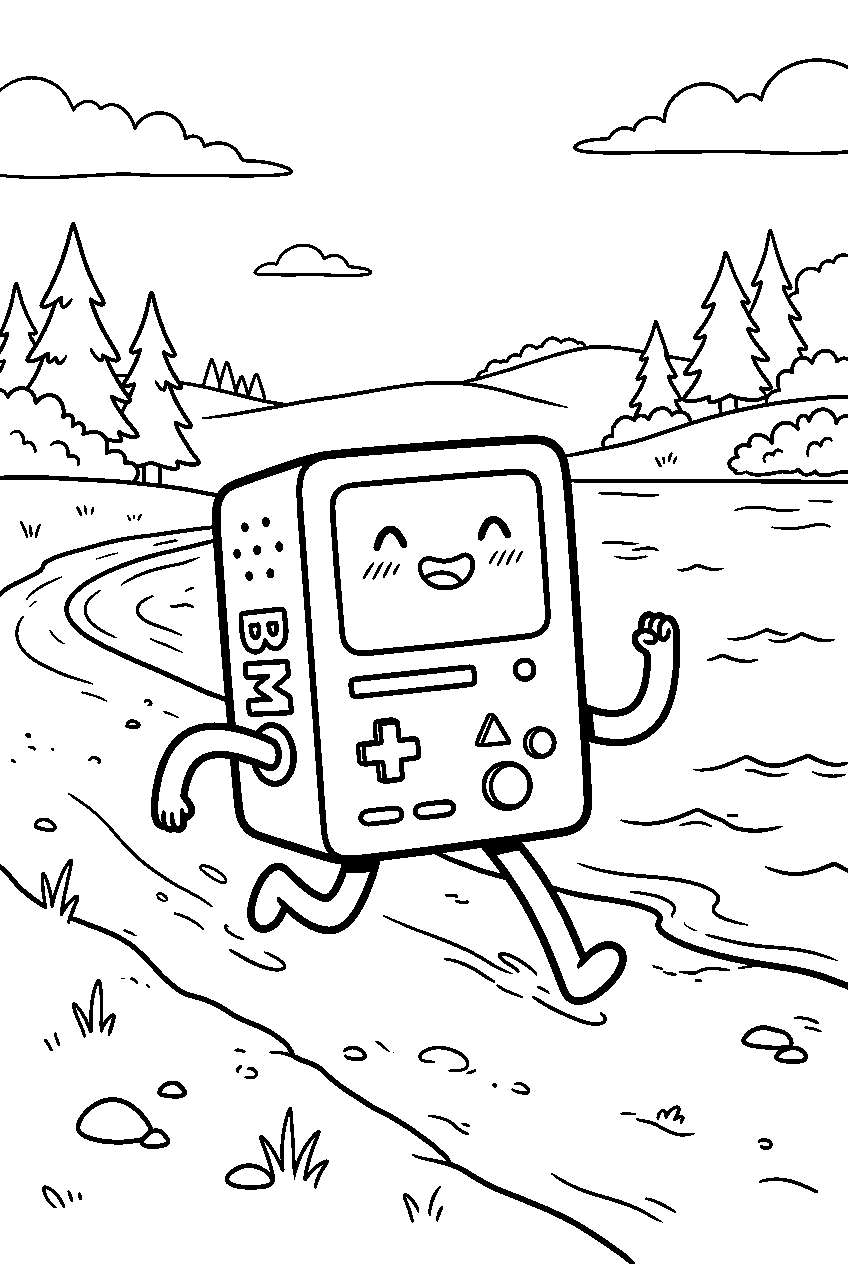 adventure time bmo running by lake shore line art