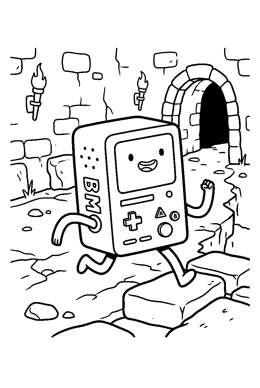 adventure time bmo running in underground dungeon line art