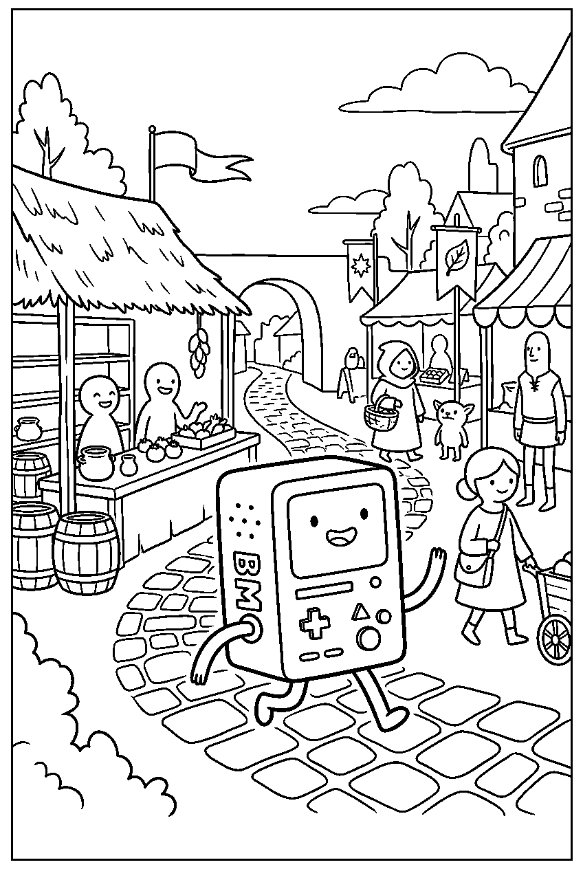 adventure time bmo walking in fantasy marketplace line art
