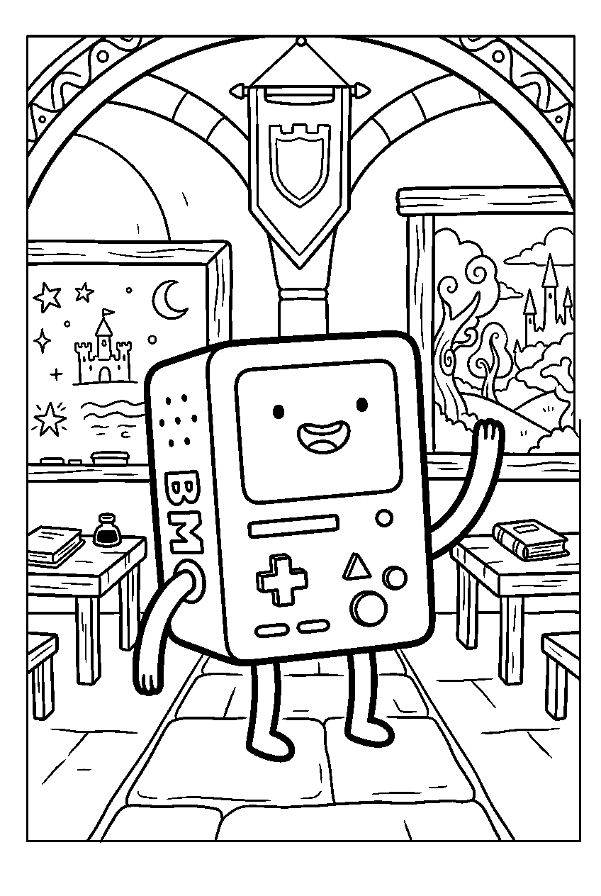 adventure time bmo waving in fantasy school line art
