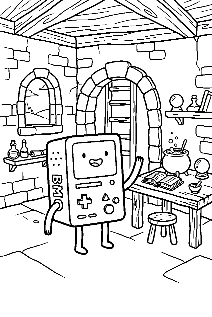 adventure time bmo waving in wizard tower line art