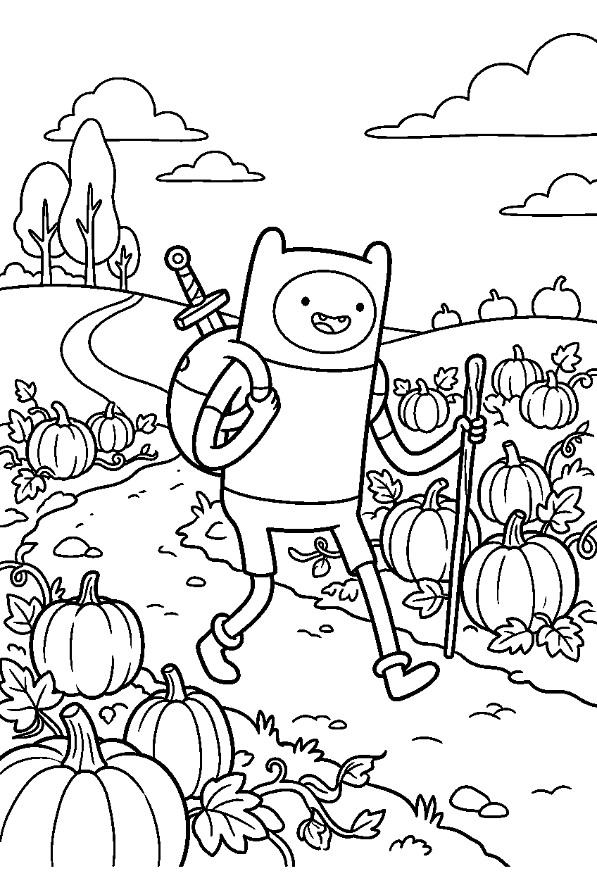 adventure time finn exploring in pumpkin patch line art