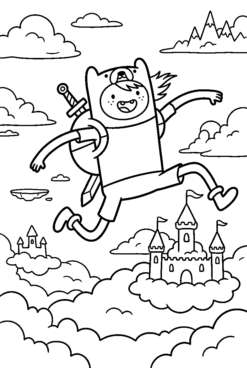 adventure time finn jumping in cloud kingdom line art