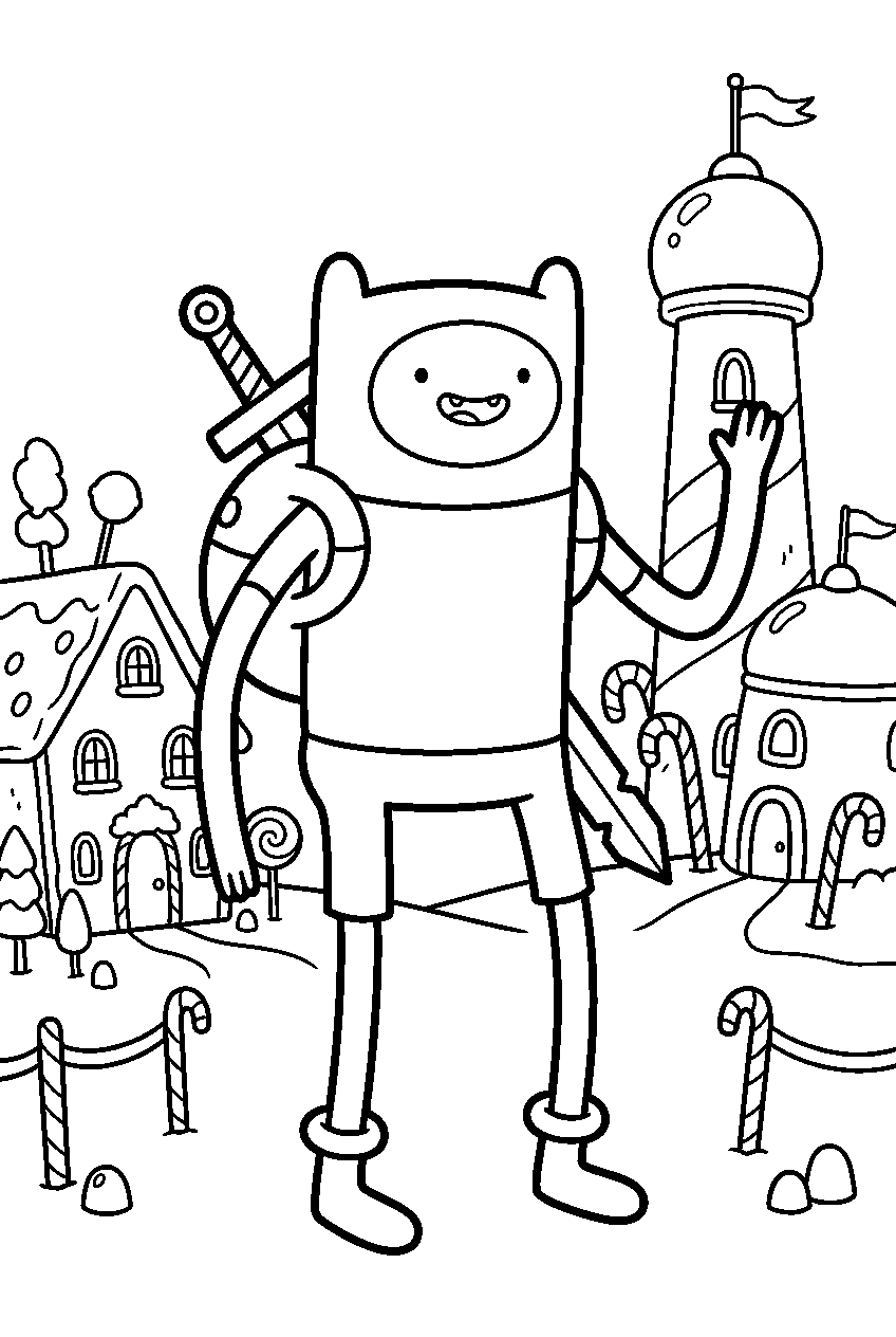 adventure time finn posing in candy kingdom line art