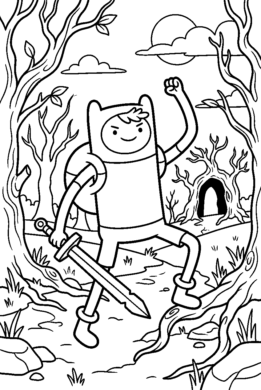 adventure time finn posing in spooky forest line art