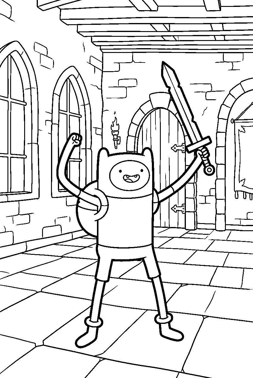 adventure time finn posing inside castle hall line art