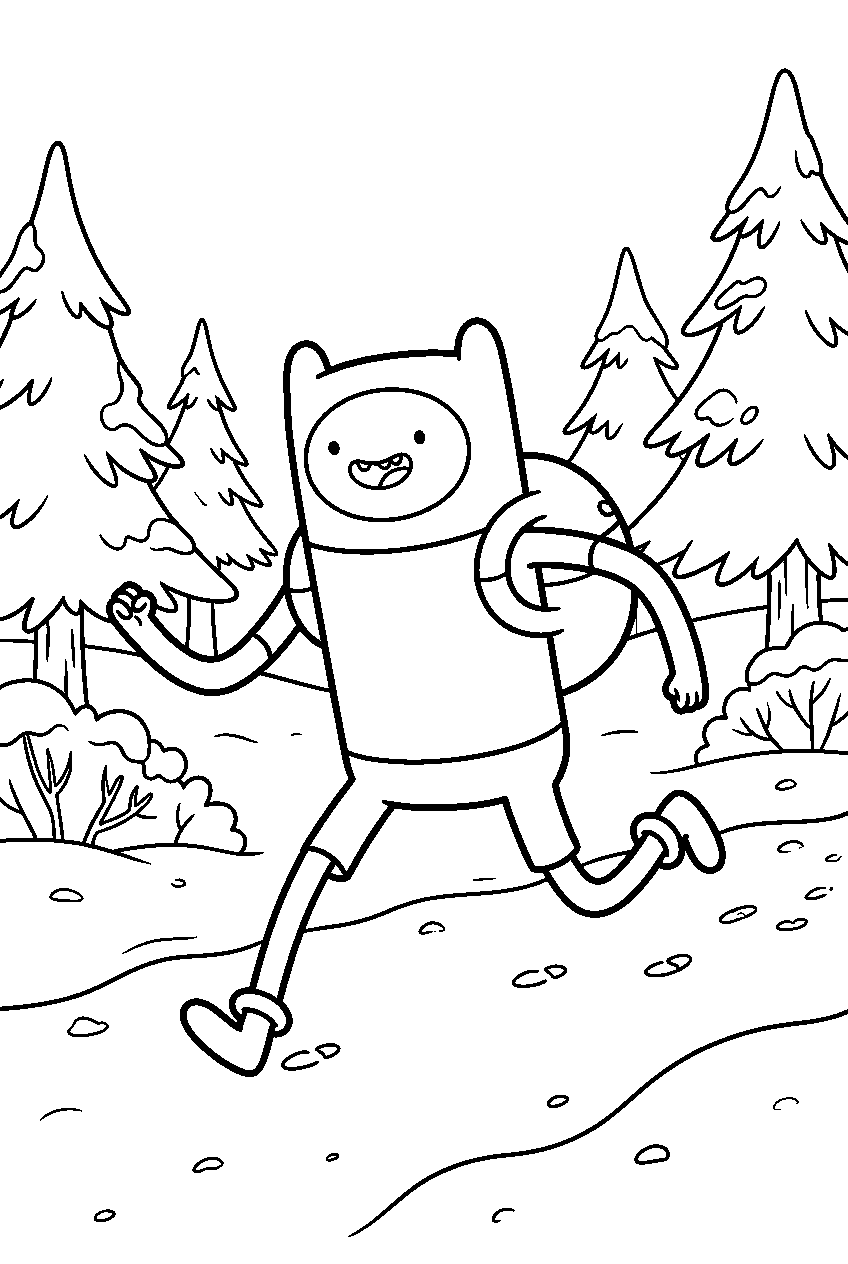 adventure time finn running in snowy forest line art