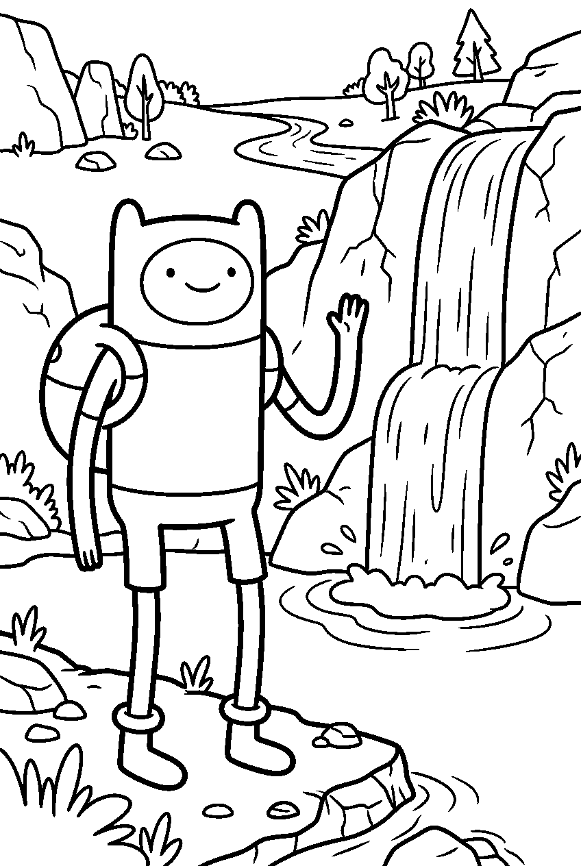 adventure time finn standing near waterfall line art