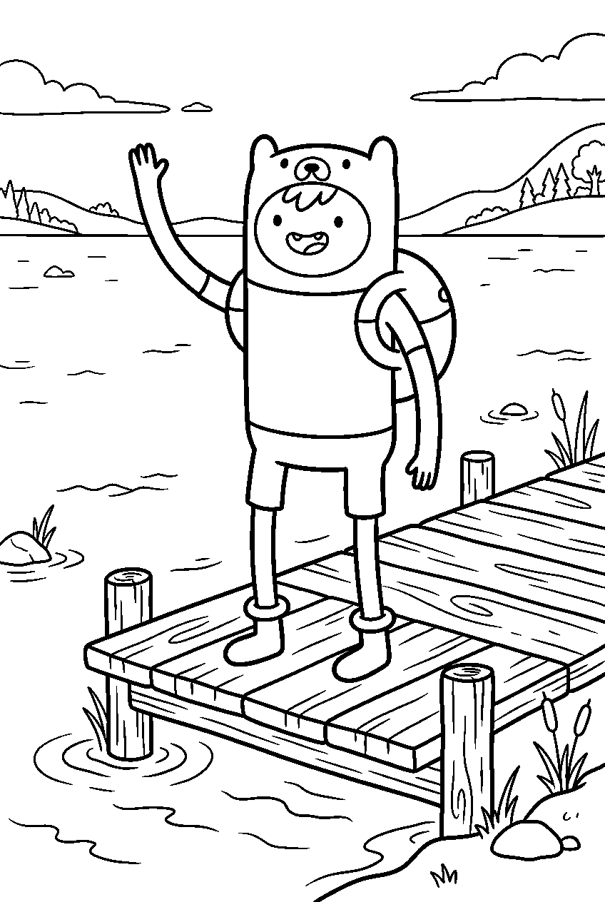 adventure time finn waving on wooden dock line art