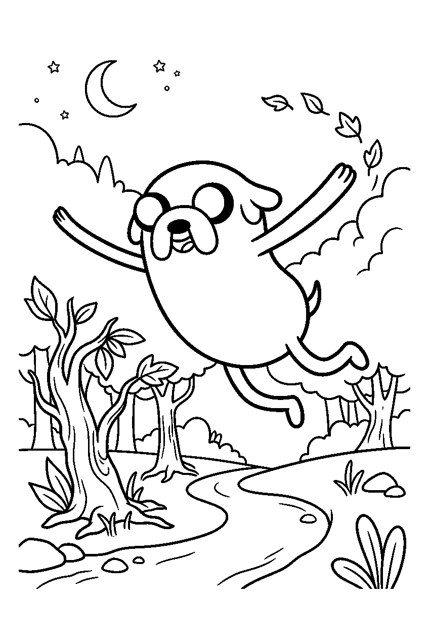 adventure time jake jumping in enchanted forest line art