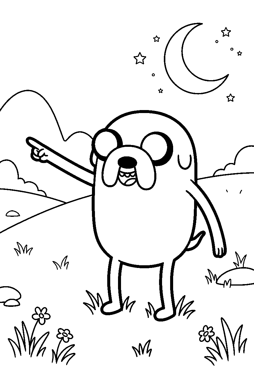 adventure time jake pointing in moonlit meadow line art