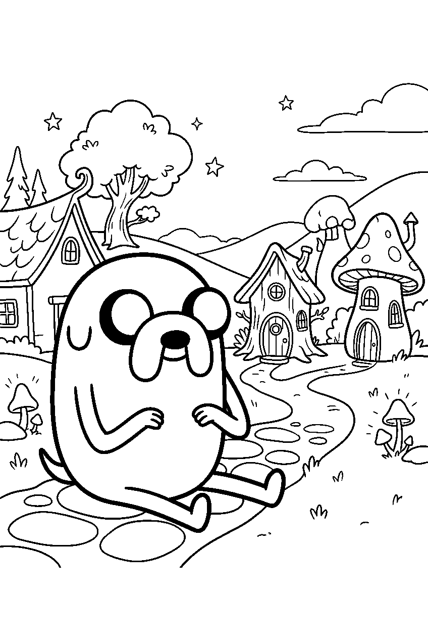adventure time jake sitting in magical village line art