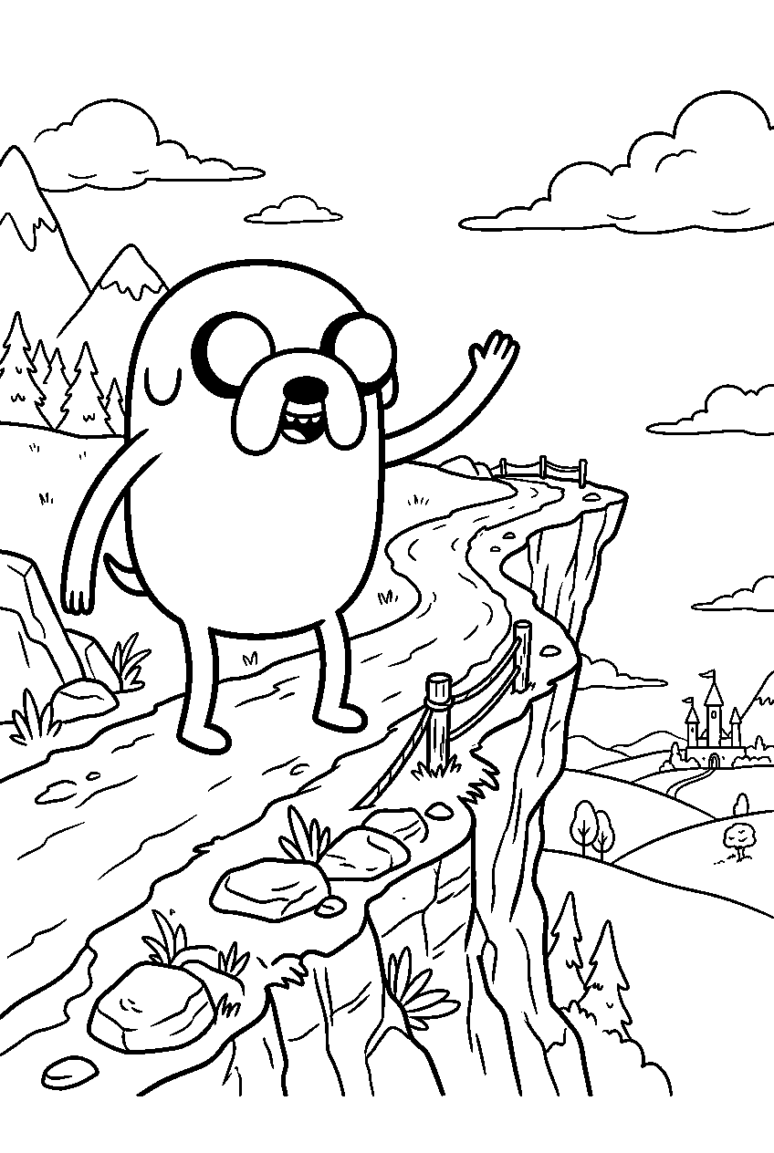 adventure time jake waving on cliffside path line art