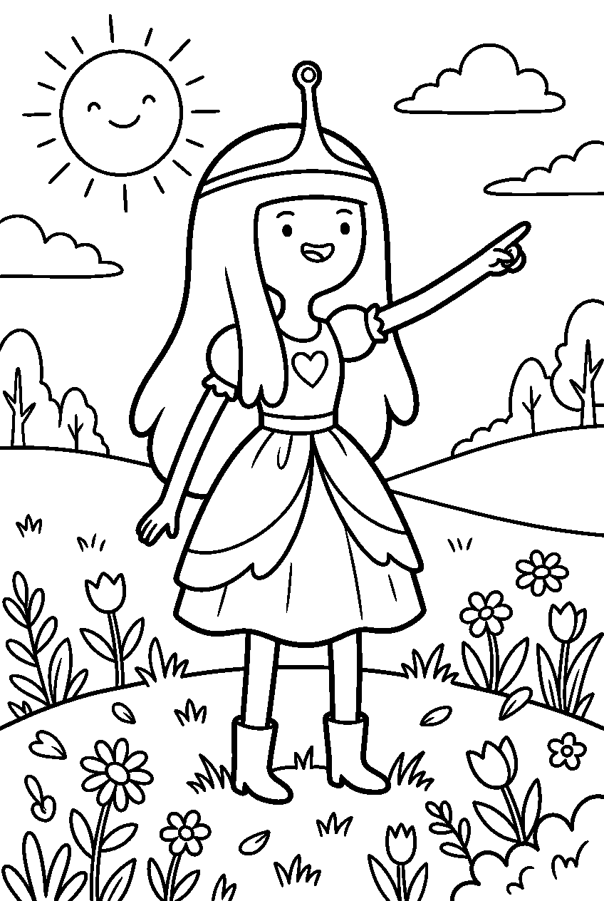 adventure time princess bubblegum pointing in flower meadow line art