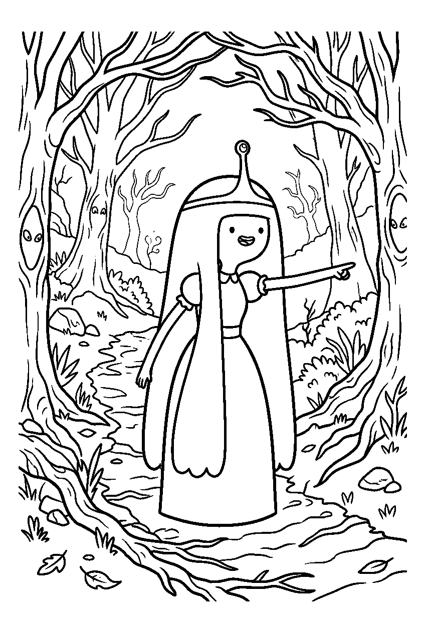 adventure time princess bubblegum pointing in spooky forest line art