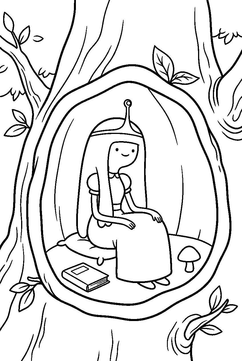 adventure time princess bubblegum sitting inside tree hollow line art