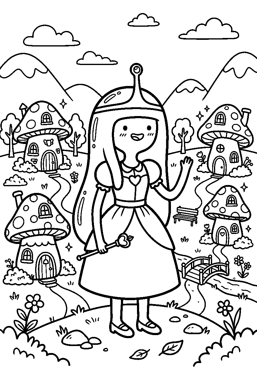adventure time princess bubblegum standing in fairy village line art
