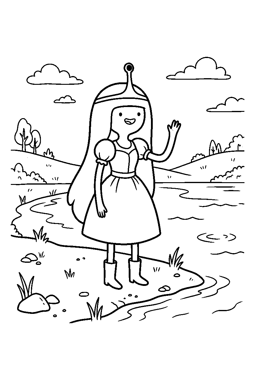 adventure time princess bubblegum waving by lake shore line art