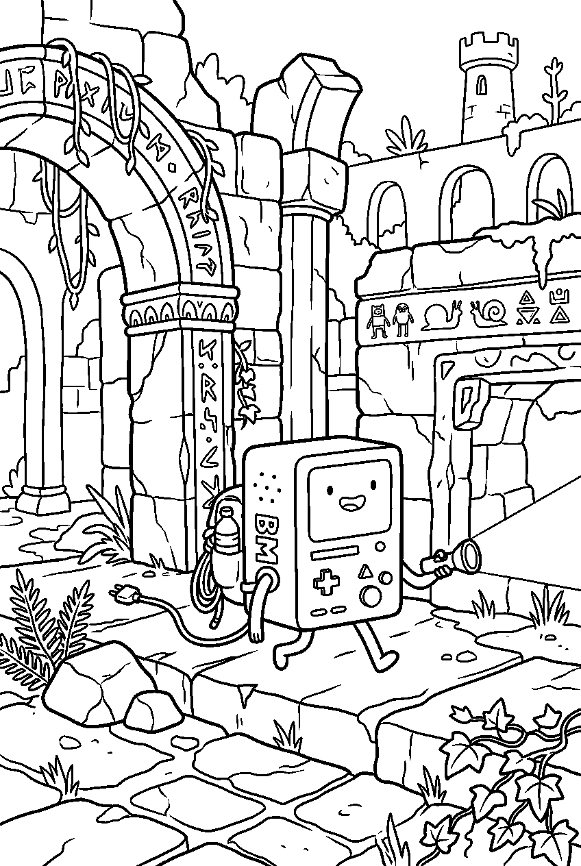 adventure time bmo exploring in ancient ruins line art