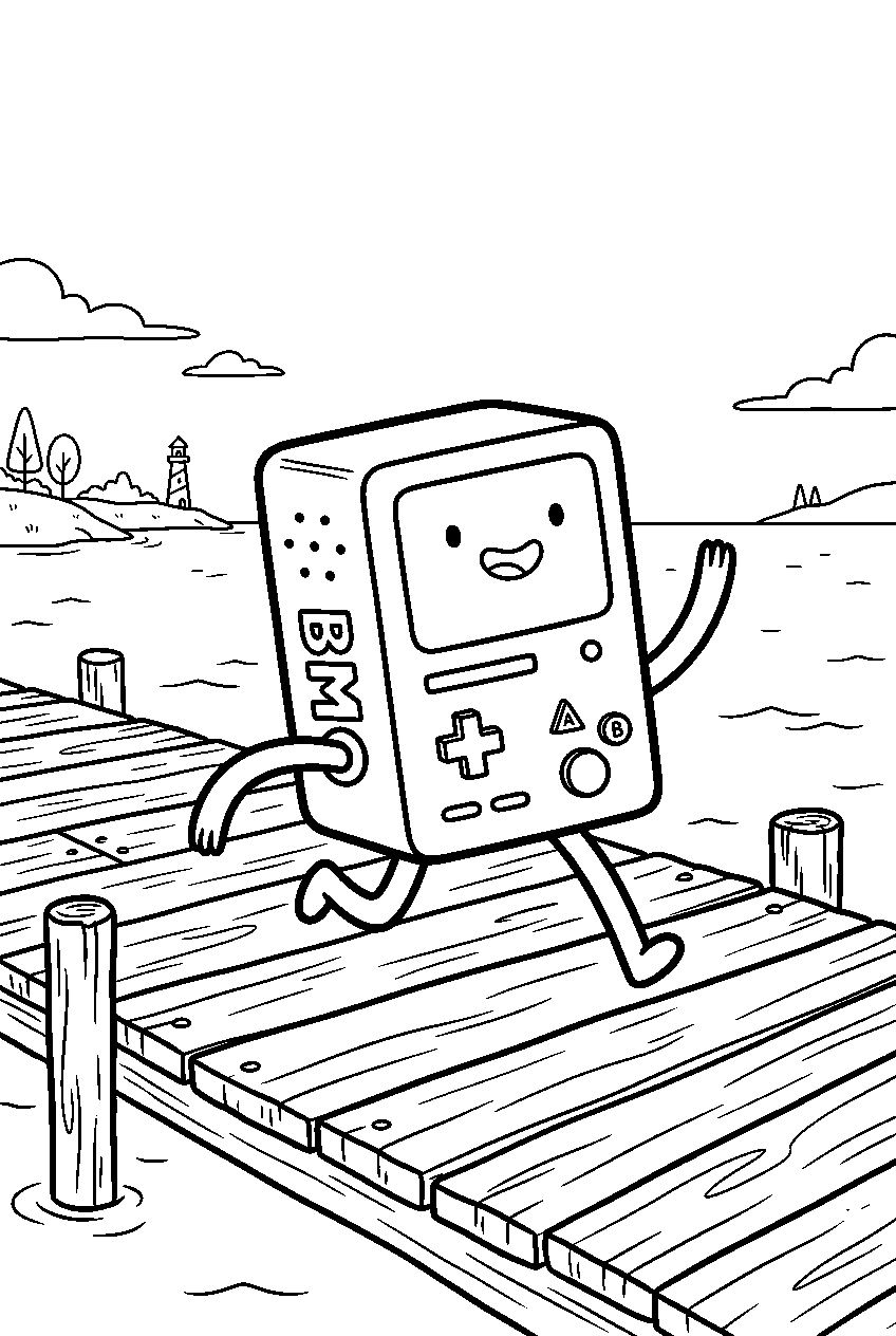 adventure time bmo running on wooden dock line art