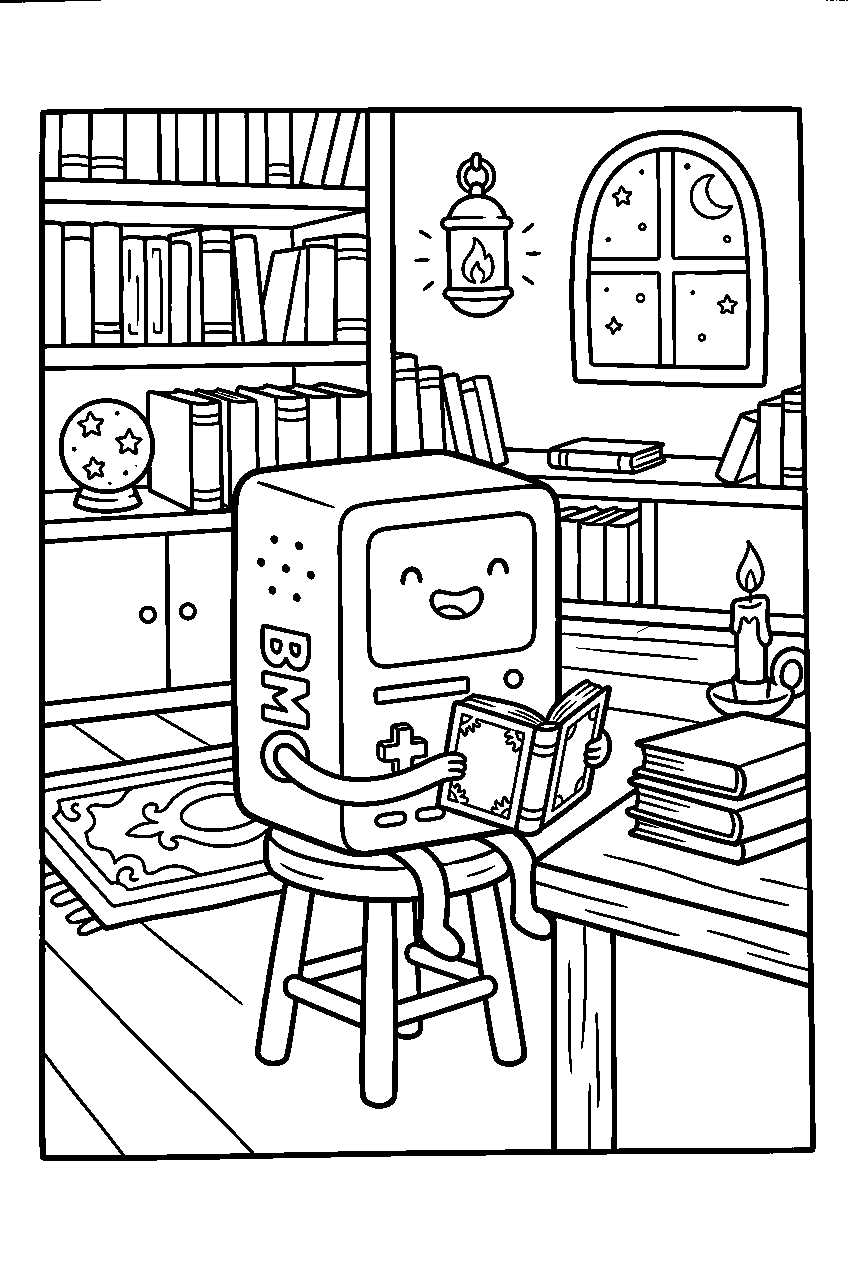 adventure time bmo sitting in magical library line art