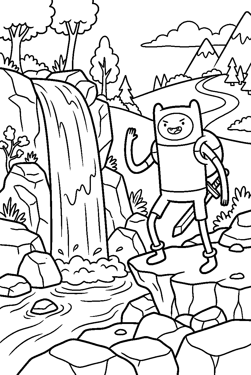 adventure time finn posing near waterfall line art