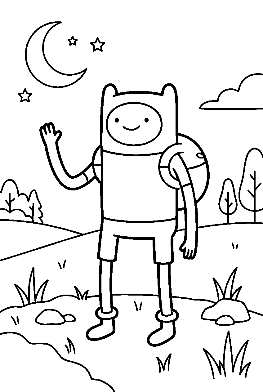 adventure time finn waving in moonlit meadow line art