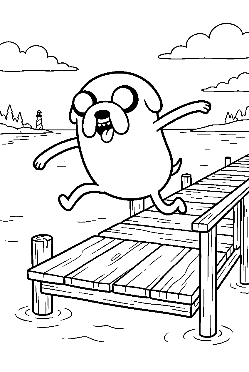 adventure time jake jumping on wooden dock line art