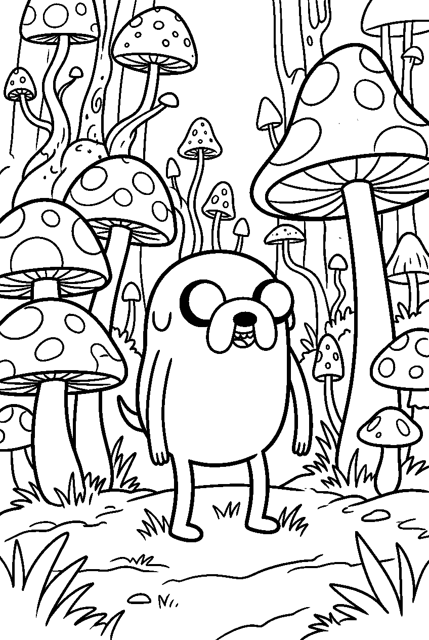 adventure time jake standing in mushroom forest line art
