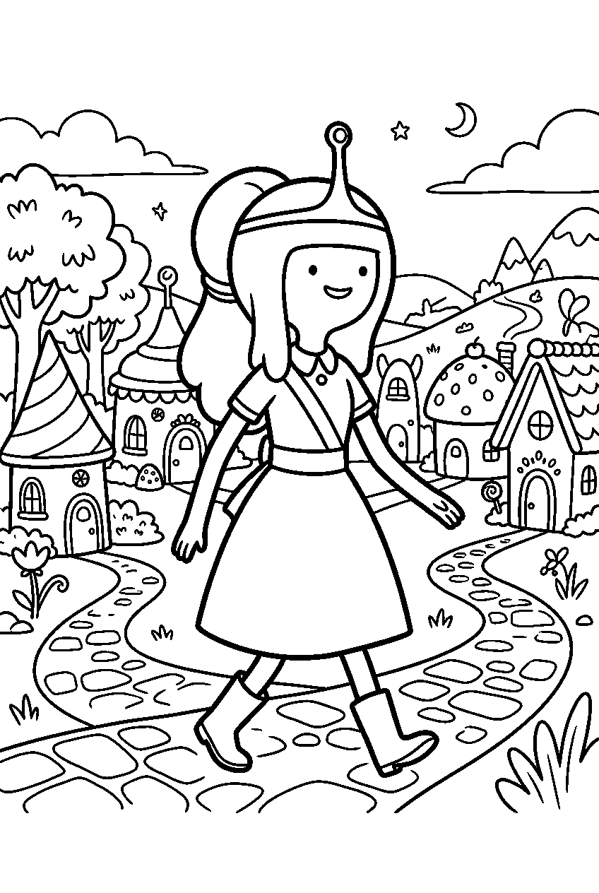 adventure time princess bubblegum walking in magical village line art