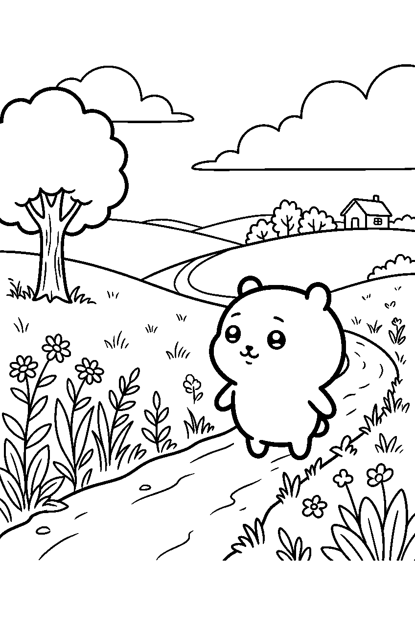 chiikawa looking around in countryside meadow line art