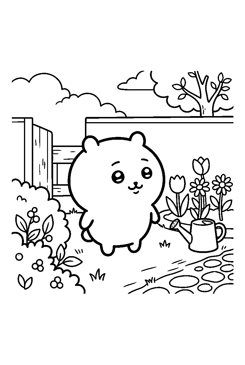 chiikawa looking around in peaceful backyard line art