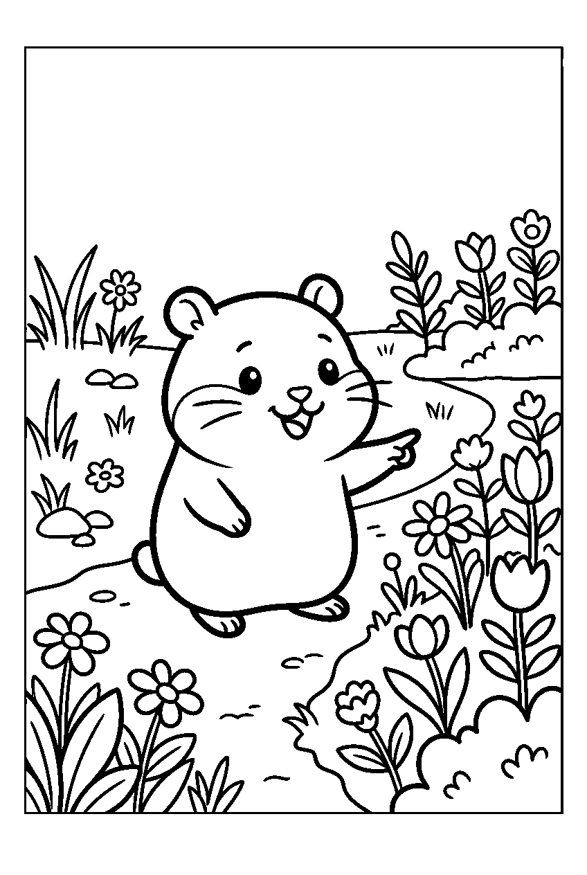 chiikawa pointing in flower garden line art