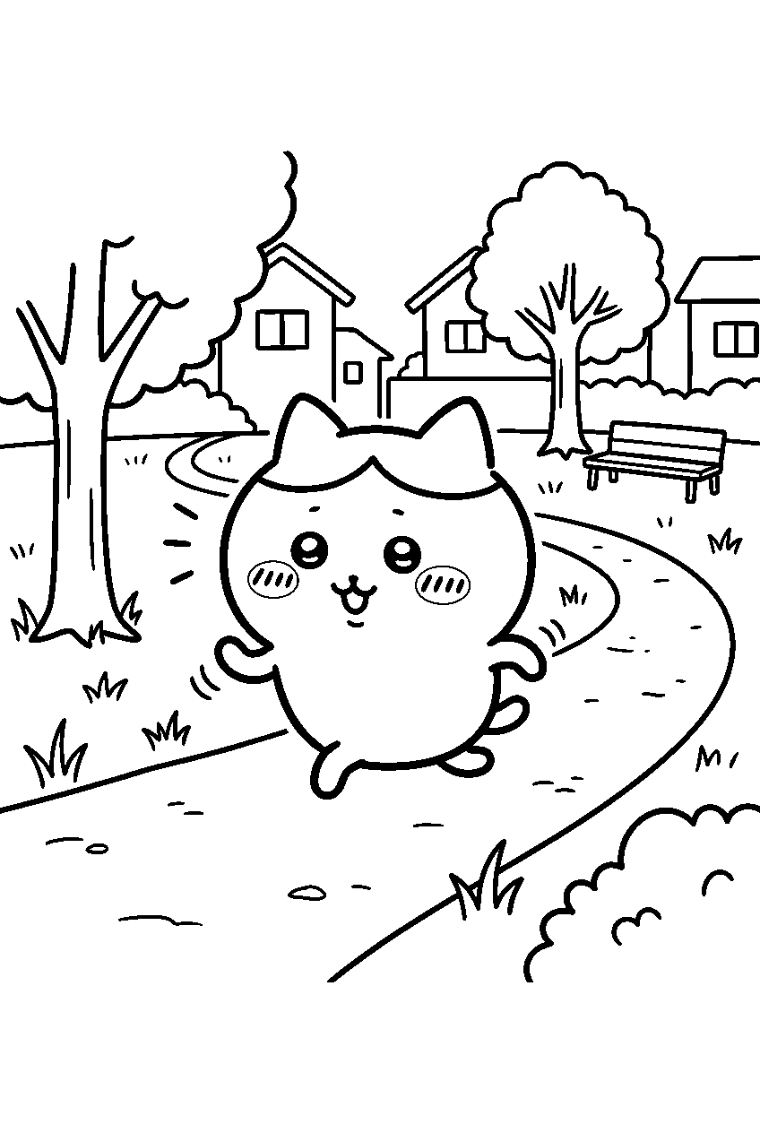 chiikawa running in neighborhood park line art