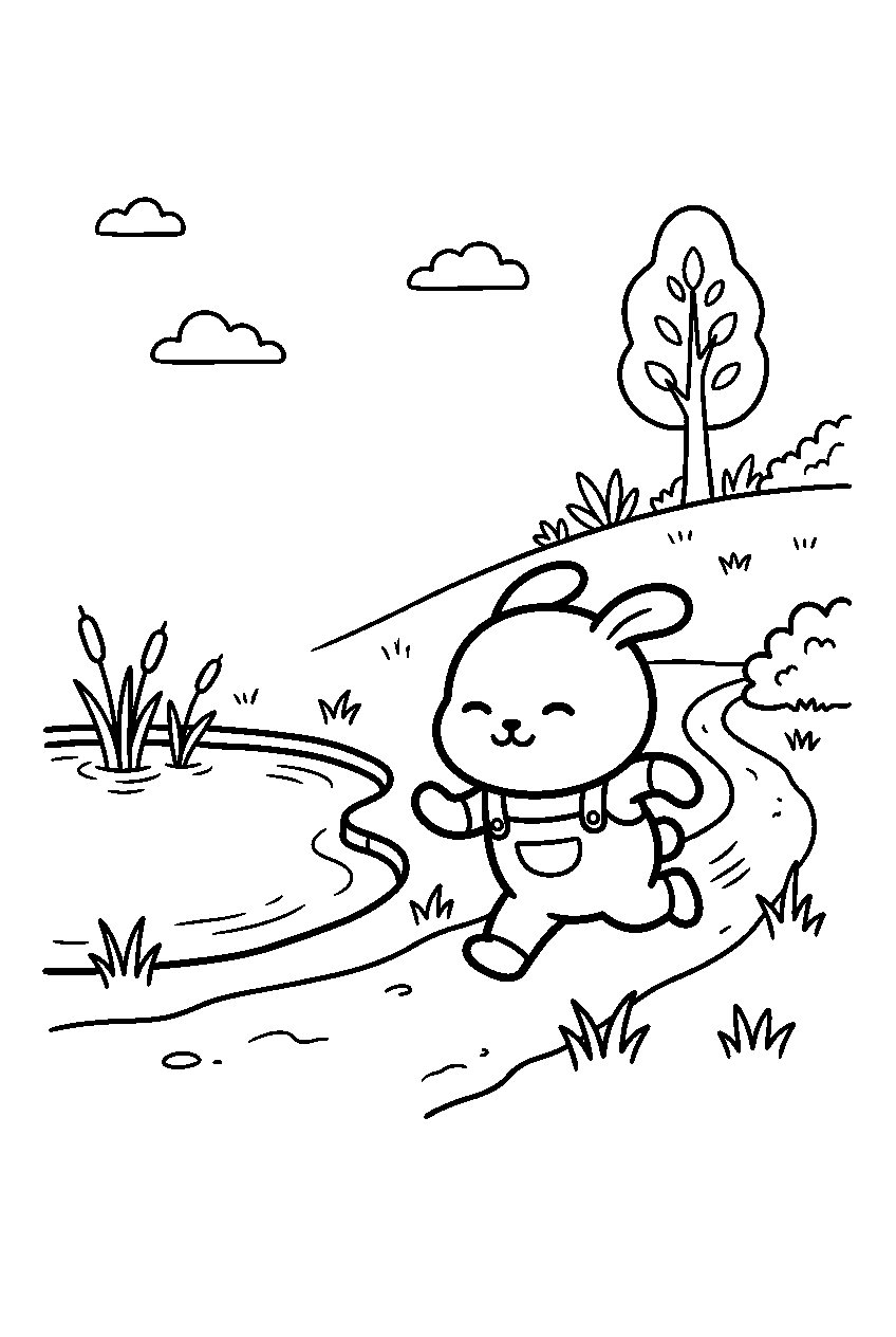 chiikawa running near small pond line art