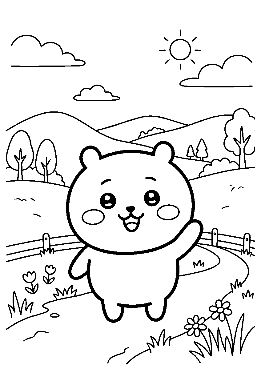 chiikawa smiling in countryside meadow line art