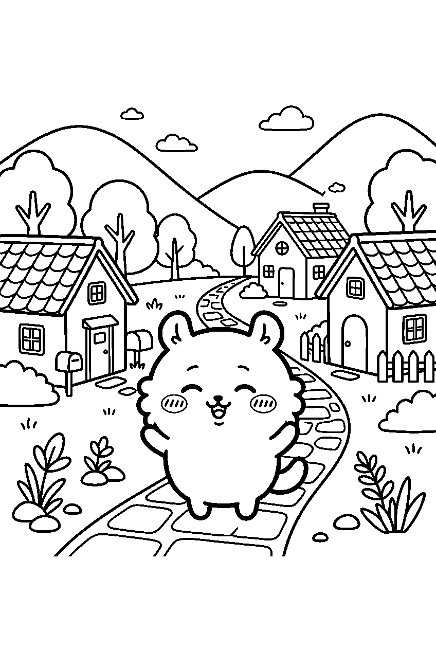 chiikawa standing in cute village line art