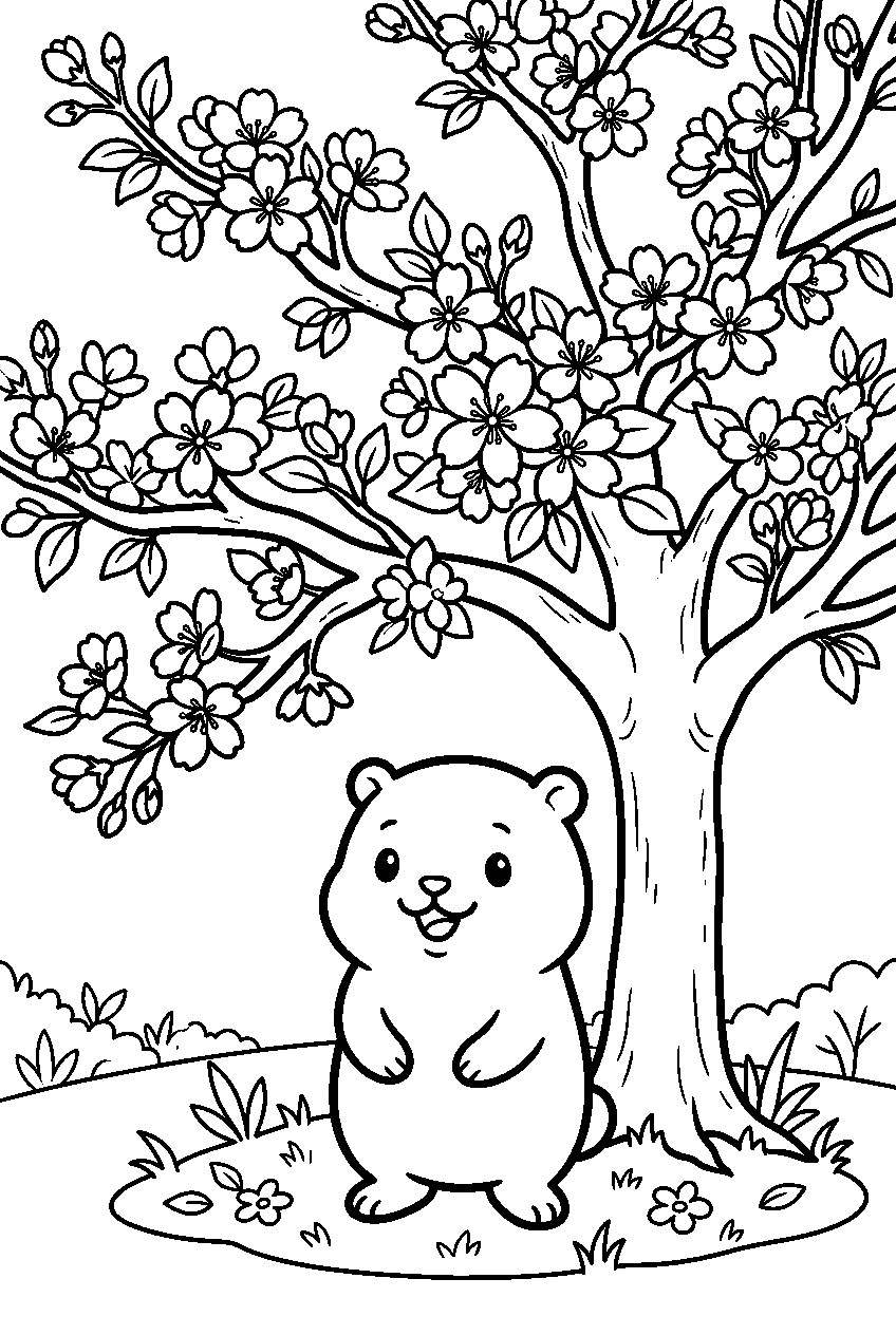 chiikawa standing under cherry blossom tree line art