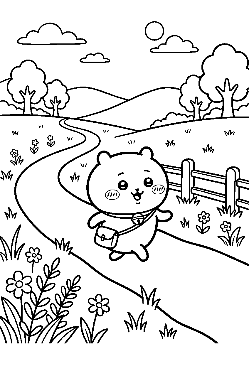 chiikawa walking in countryside meadow line art