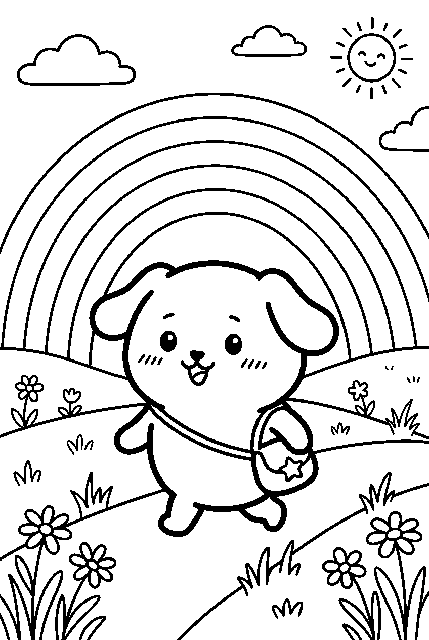 chiikawa walking in rainbow meadow line art