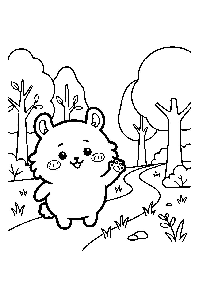 chiikawa waving in forest clearing line art