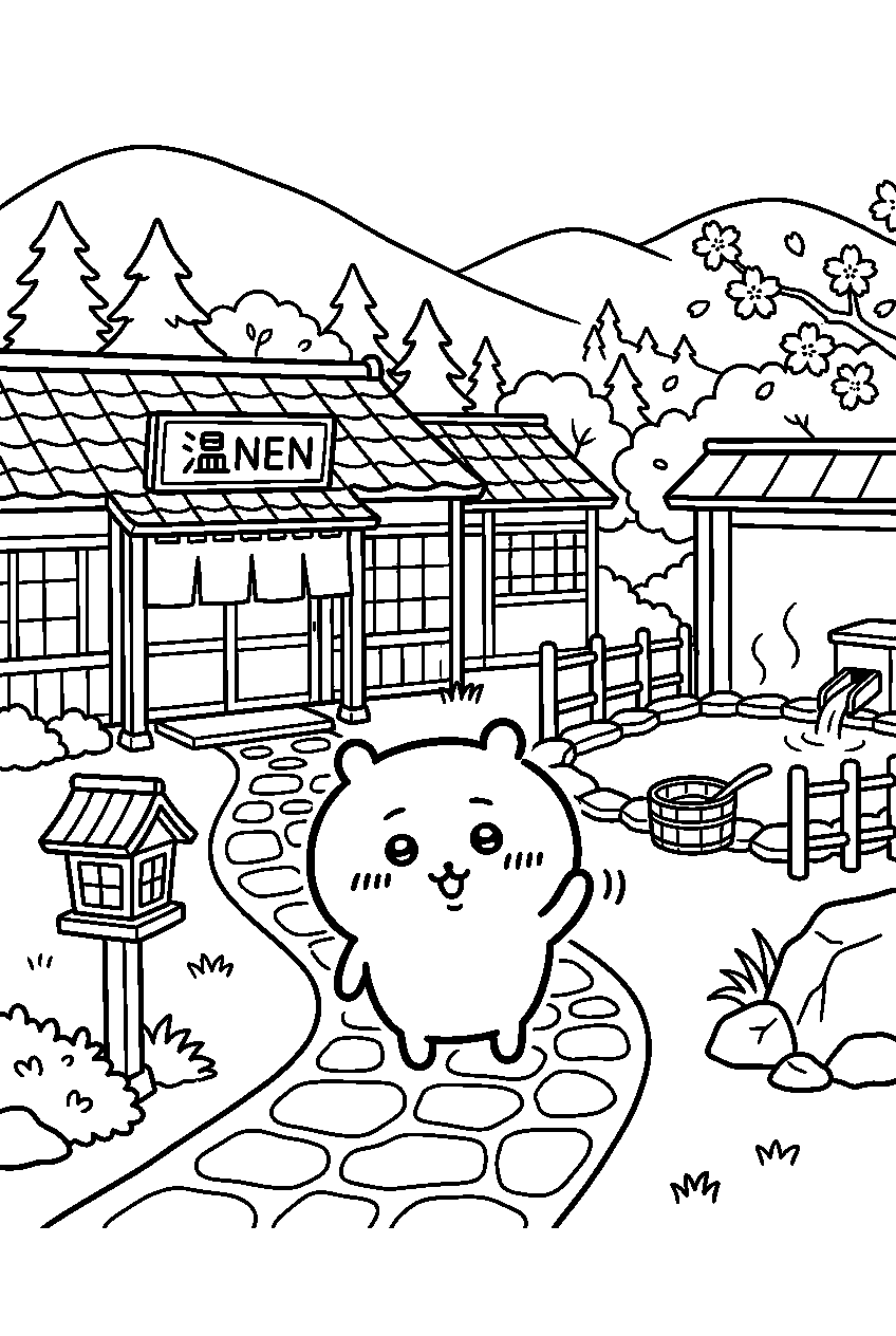 chiikawa waving in hot spring village line art