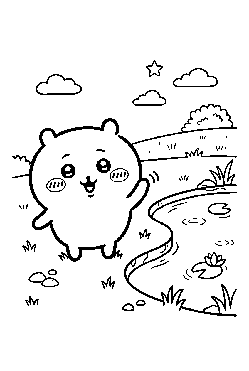 chiikawa waving near small pond line art