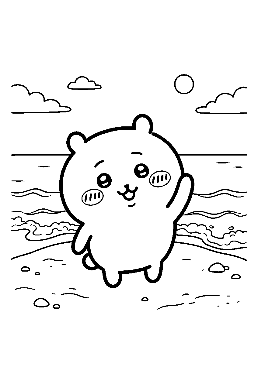 chiikawa waving on sandy beach line art
