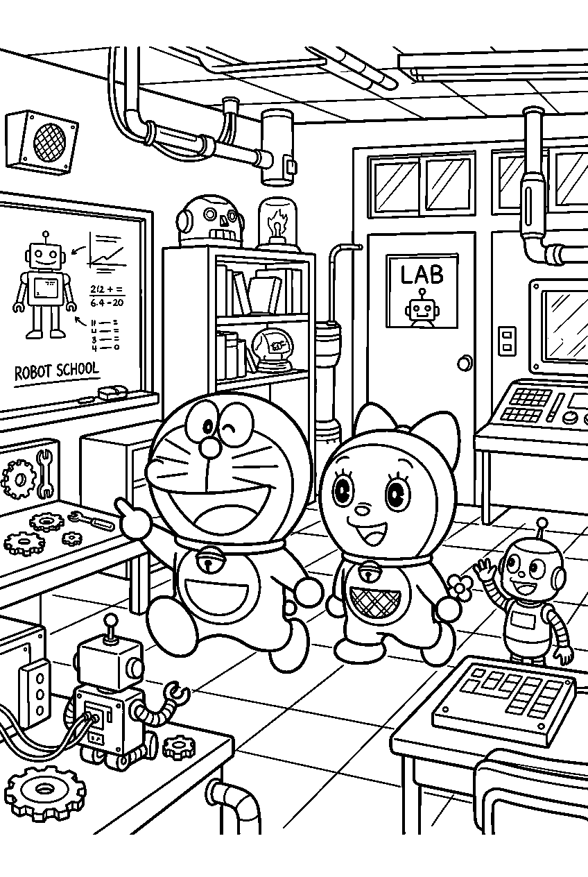 doraemon dorami exploring in robot school line art