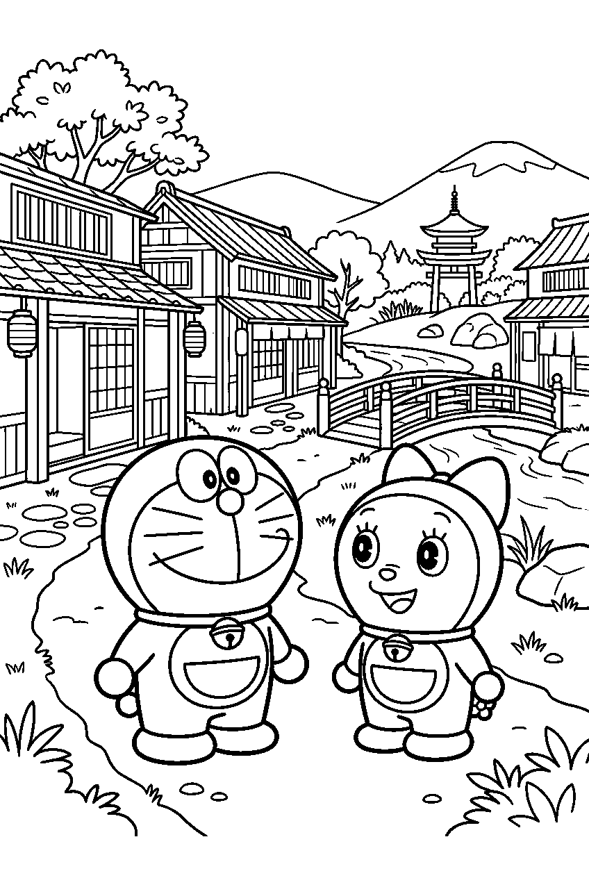 doraemon dorami looking around in ancient japan line art