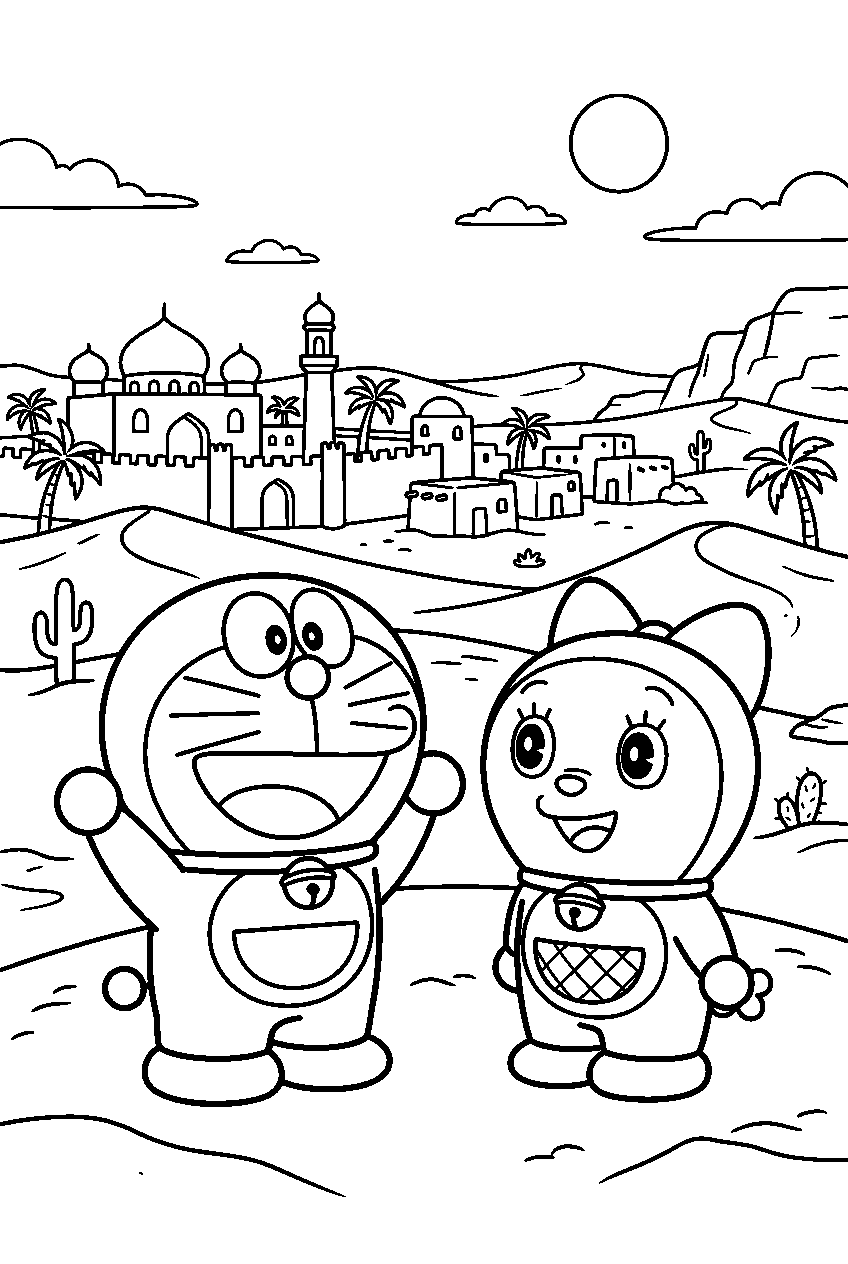 doraemon dorami looking around in desert kingdom line art